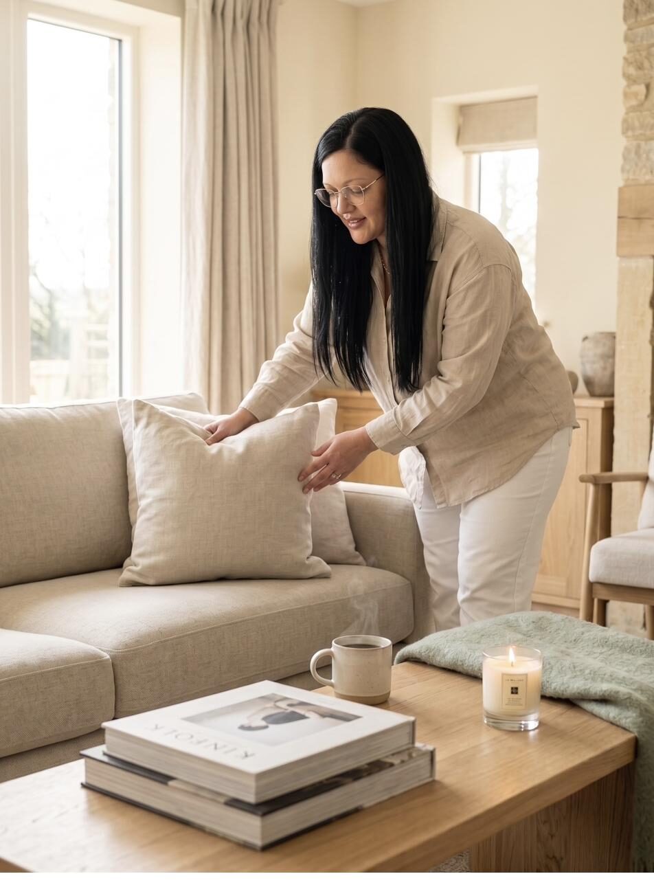 Cushions styled on a linen sofa beside a lit candle