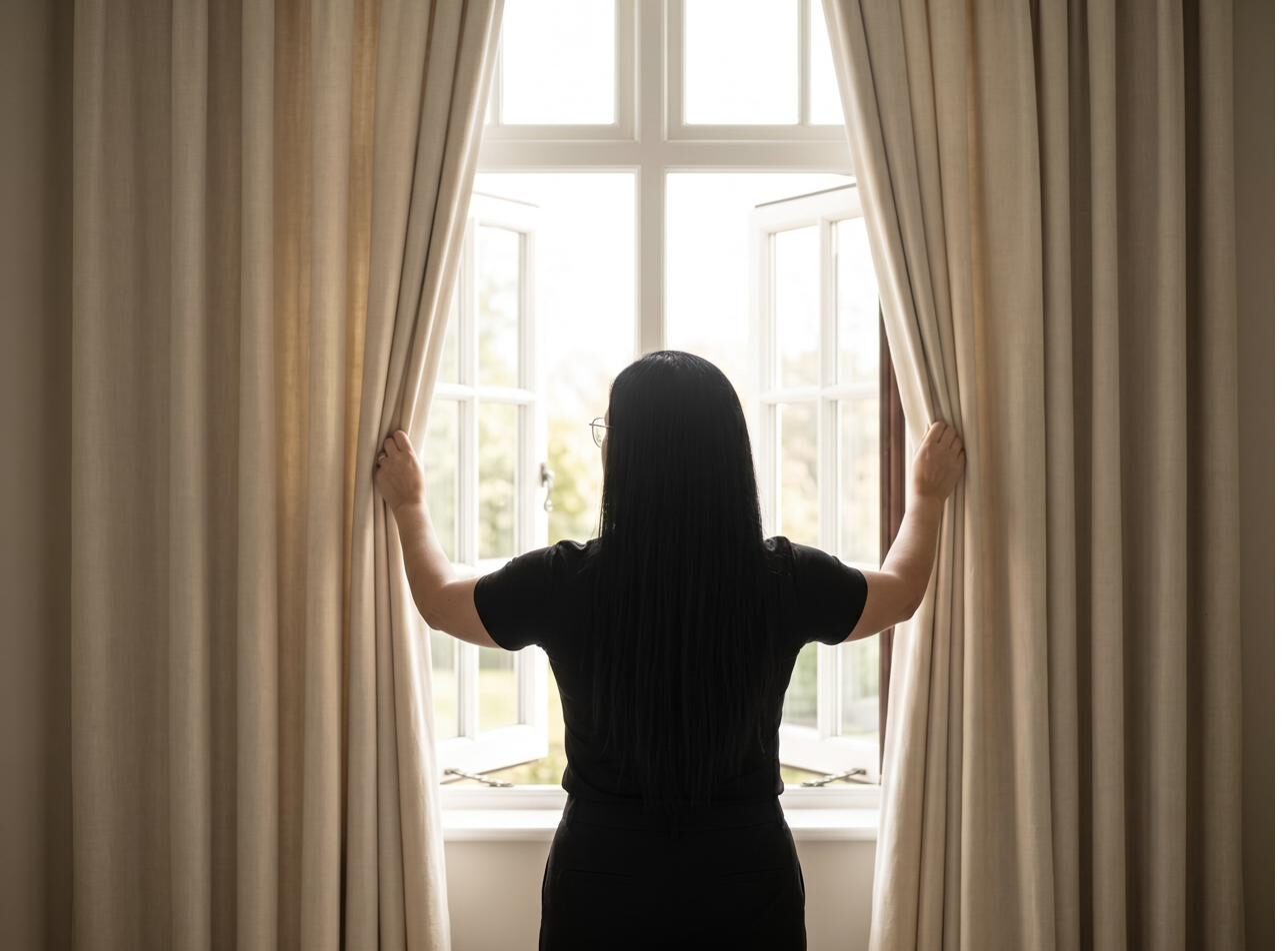 Curtains opened to morning light in a peaceful room