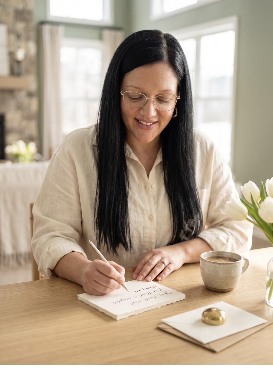 Genna writing a handwritten thank-you card at a sunlit table