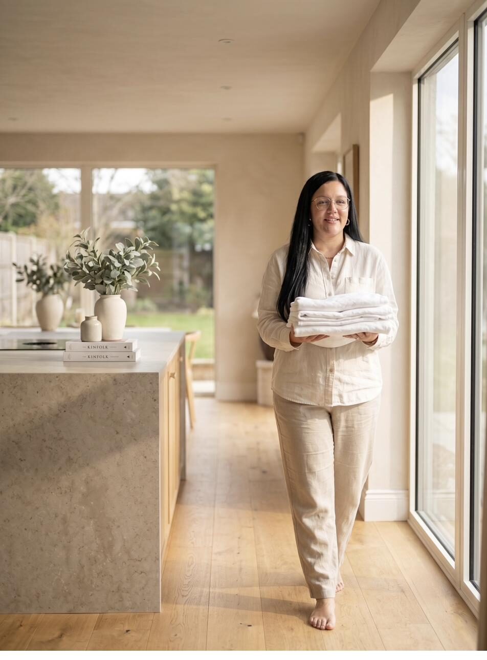 Genna walking through a light-filled home carrying freshly folded linen